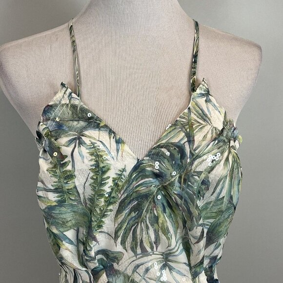 Bebe Sleeveless Blouse Tropical Chiffon Leaf Print Clear Sequins Size 6 NWT - Picture 3 of 13